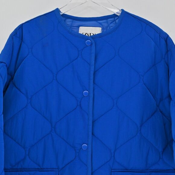 ZARA Jacket Womens Size M Cobalt Blue Quilted Oversized Collarless Utility Retro - Picture 2 of 13